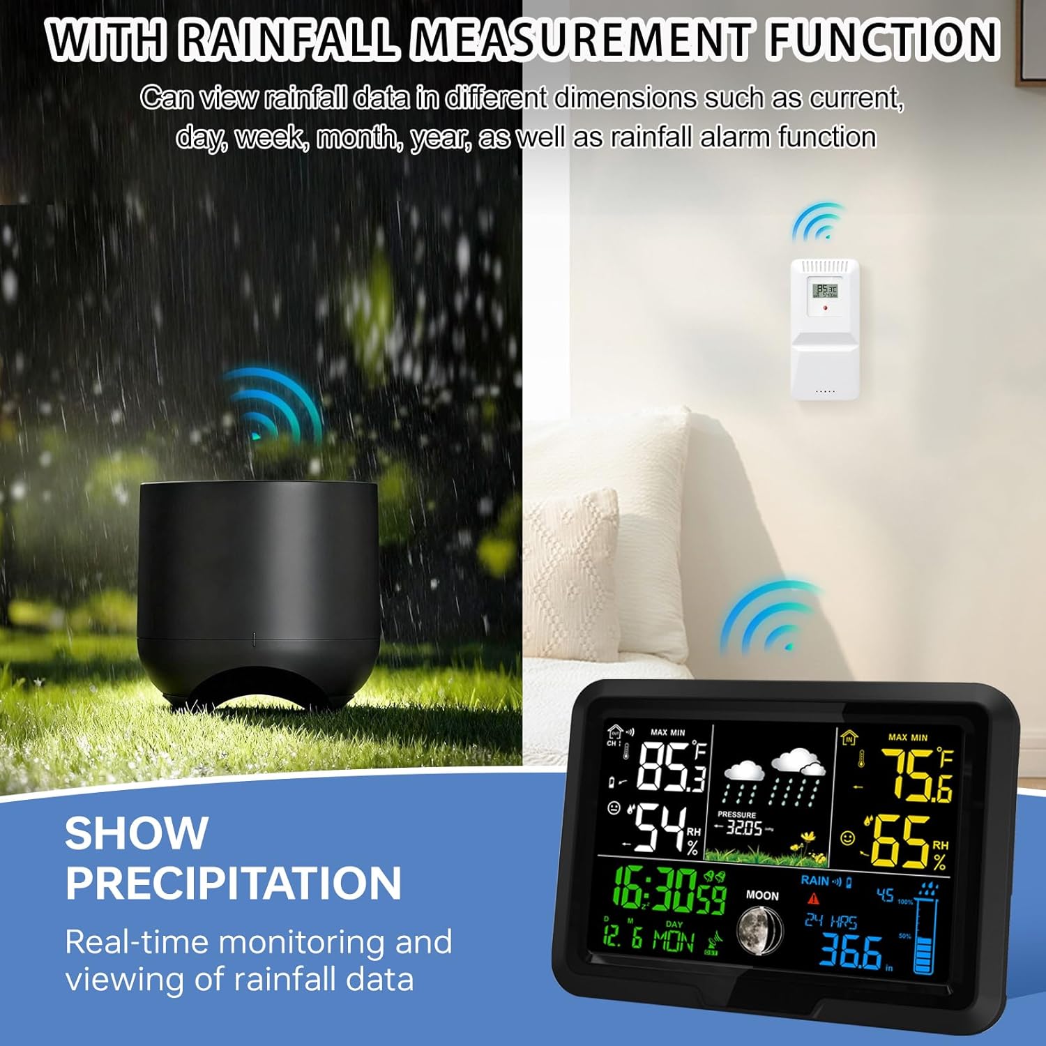Image showing the wireless rain gauge outdoors and the main display unit showing rainfall data and other weather metrics.