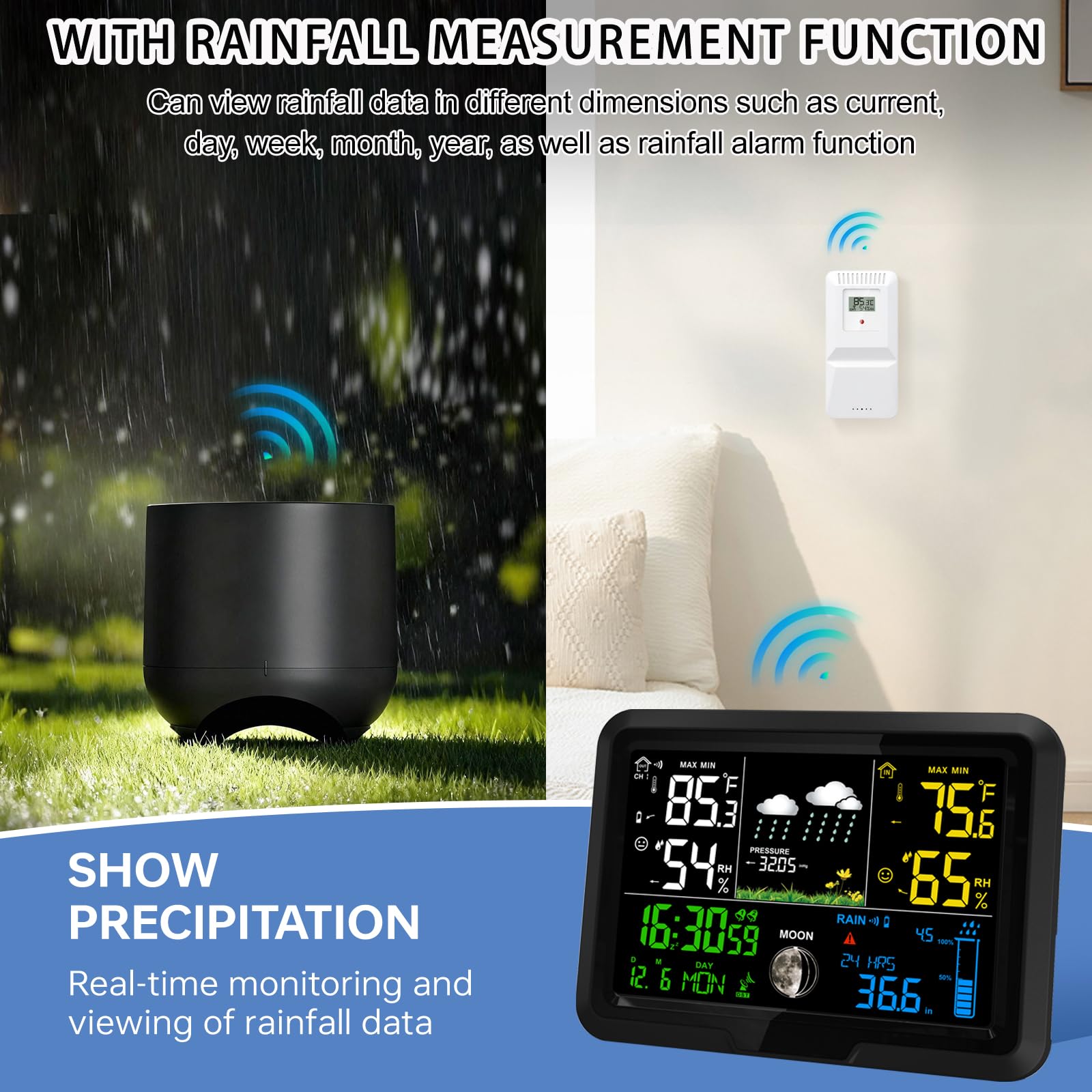 Digitaler kabelloser Regenmesser Außen, Home Wetterstation Kabellos Innen Außen mit Selbstentleerendem Regenmesser, Thermometer, Barometer, Hygrometer, Atomuhr, Wettervorhersage und Alarmen
