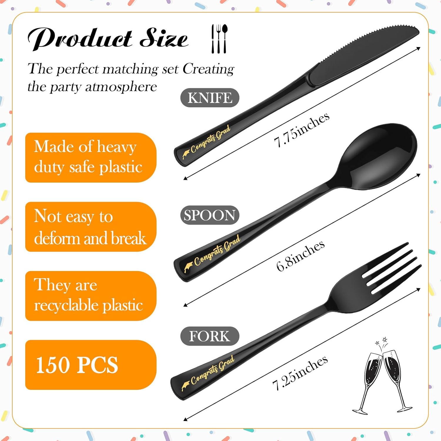 Syhood 150 Pcs Graduation Plastic Silverware, Heavy Duty Black Gold Cutlery Sets Include 50 Forks, 50 Knives and 50 Spoons, Disposable Utensils Set for Holiday Party
