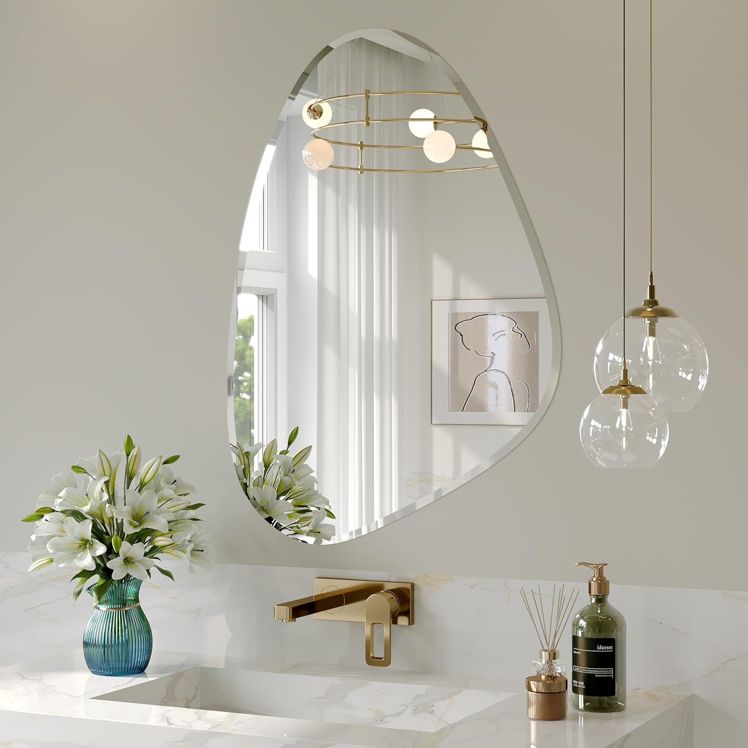 Frameless Asymmetrical Beveled Wall Mirror, 28"x40" Large Wide Bathroom Frameless Irregular Oval Wall Mirrors, Abstract Wavy Wall Mirror for Over Sink, Bedroom, Living Room and Entryway