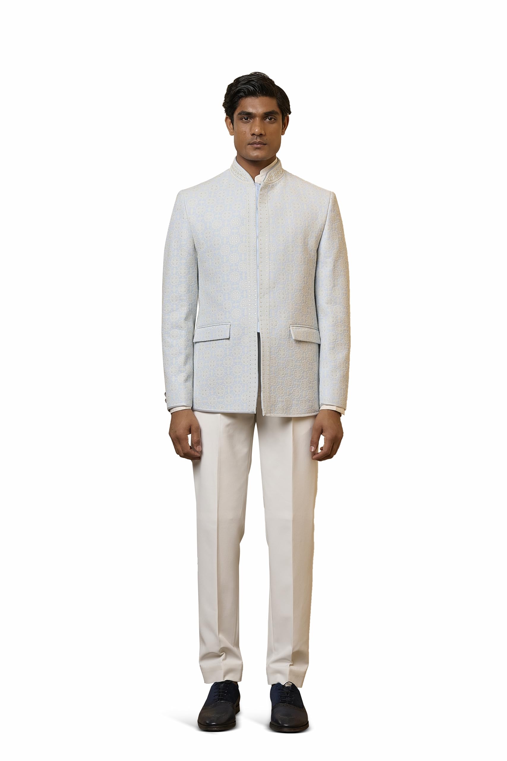 Light Blue Embroidered Bandhgala Set-image-47