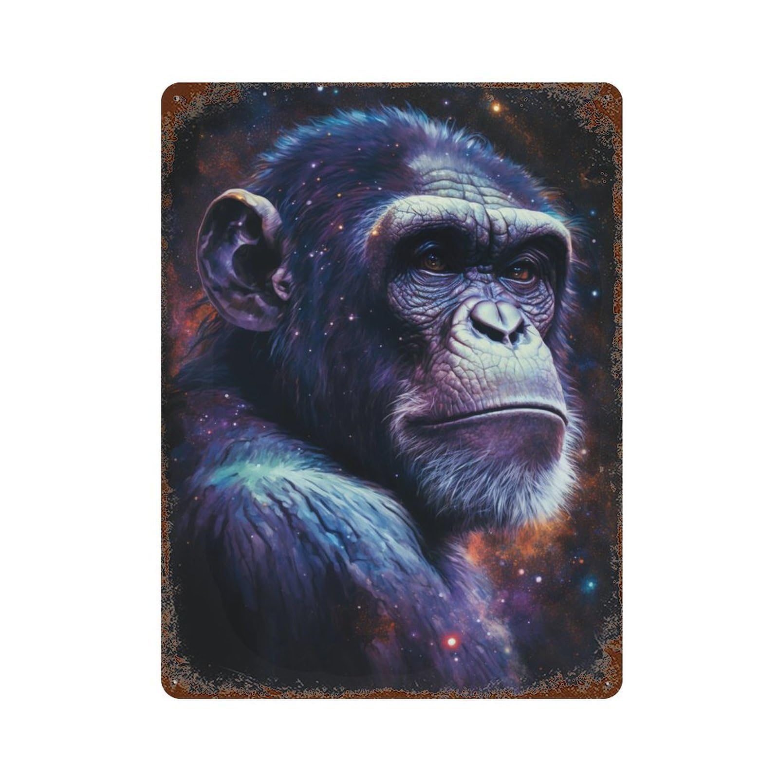 Chimpanzee Galaxy Portrait-3 15.7"x11.8" Weathered Tin Sign, Shabby Chic Decor for Farmhouse, Kitchen And Entryway Decor