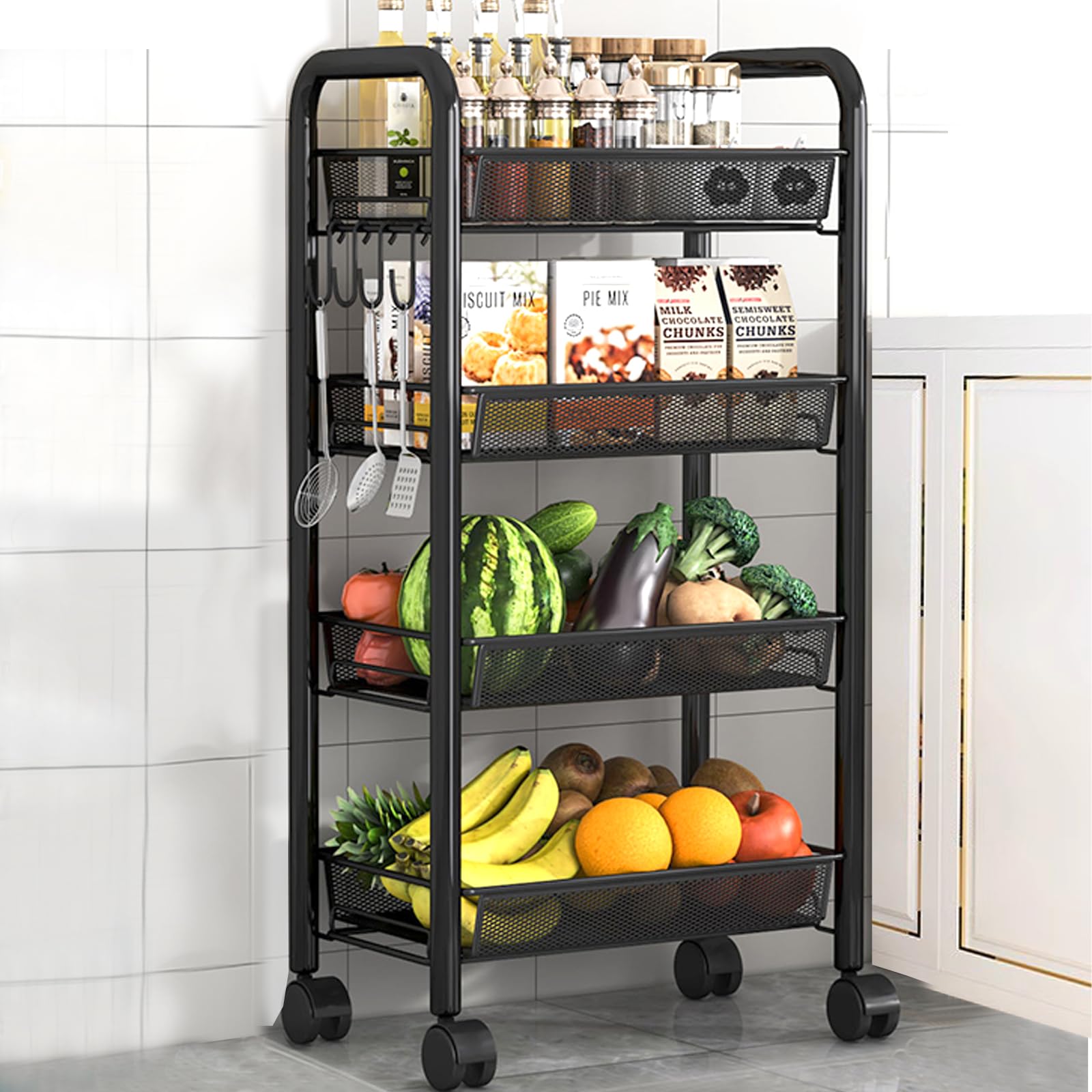 LiveCool Mesh Vegetable Stand Steel, 4 Tier Onion Potato Rack for Storage, Metal Kitchen Trolley with Wheels, Trolley Rack for Kitchen, Living Room, Bedroom, Black (KT02-B4)