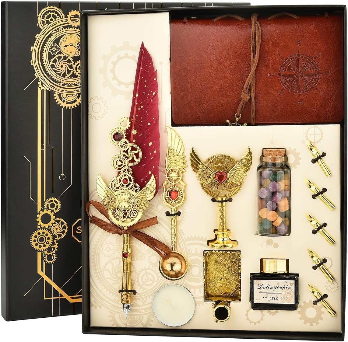 PLUSPOINT Vintage Quill Pen & Ink Set Elegant Writing Luxury Fountain Calligraphy Ink Pen Set with Diary Wax for Stamp Retro Decor Dip Pen Office Stationery Corporate Gifting for Signature,Multicolor