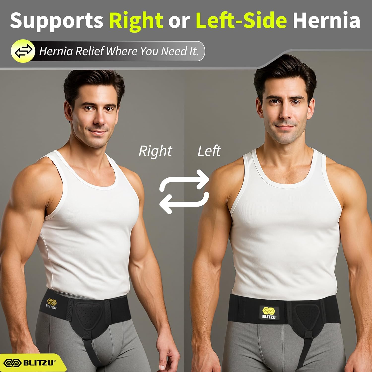BLITZU Inguinal Hernia Support Belt for Men & Women, Adjustable Left or Right Side Hernia Truss with Removable Compression Pad, Slim Groin Support Belt for Everyday Wear Grey S-M