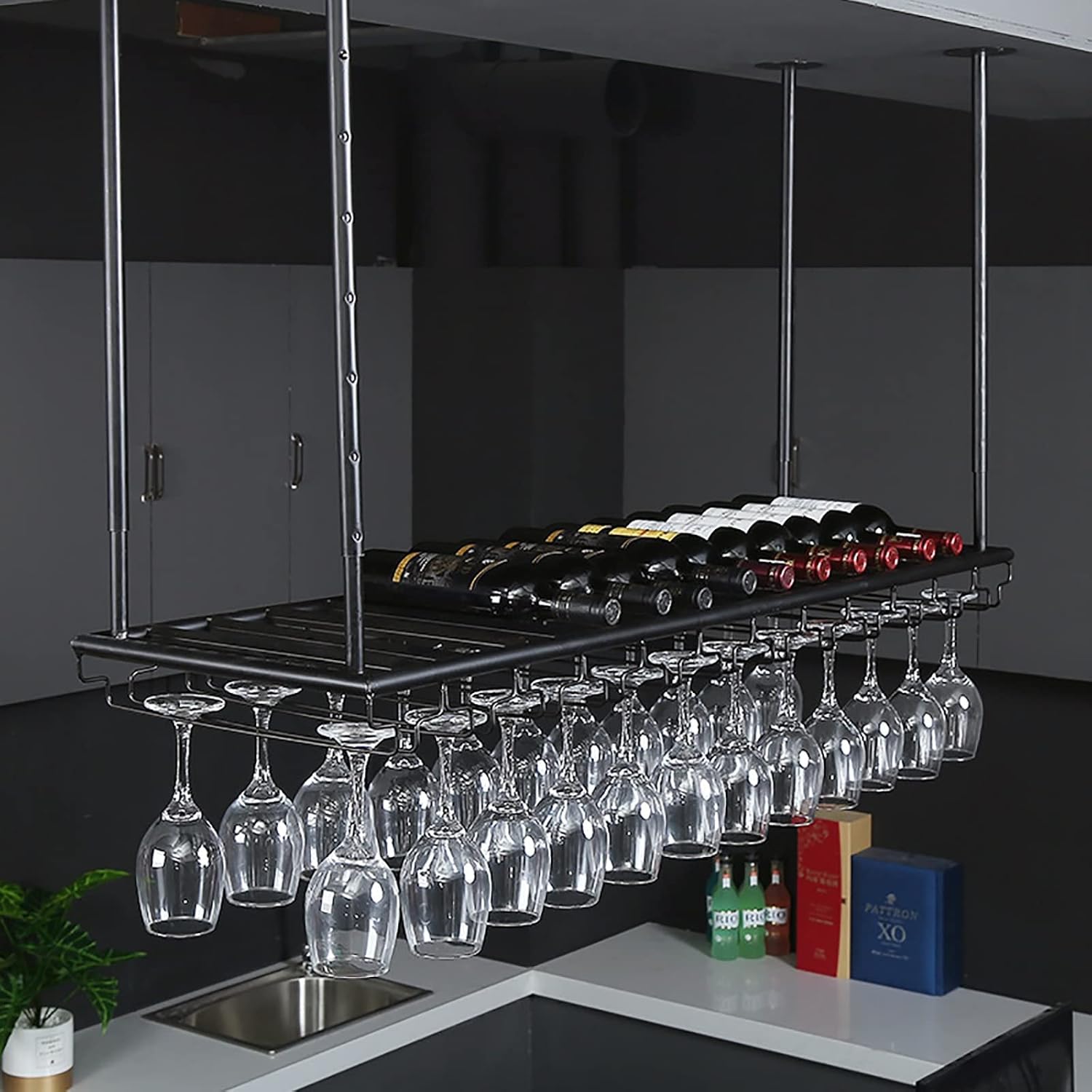 Ceiling Wine Glass Rack Ceiling Metal Wine Rack,Height Adjustable,Industrial Hanging Decoration Stand,Vintage Wine Bottle Shelf,Goblet Stemware Holder,for Bars/Restaurants/Kitchens