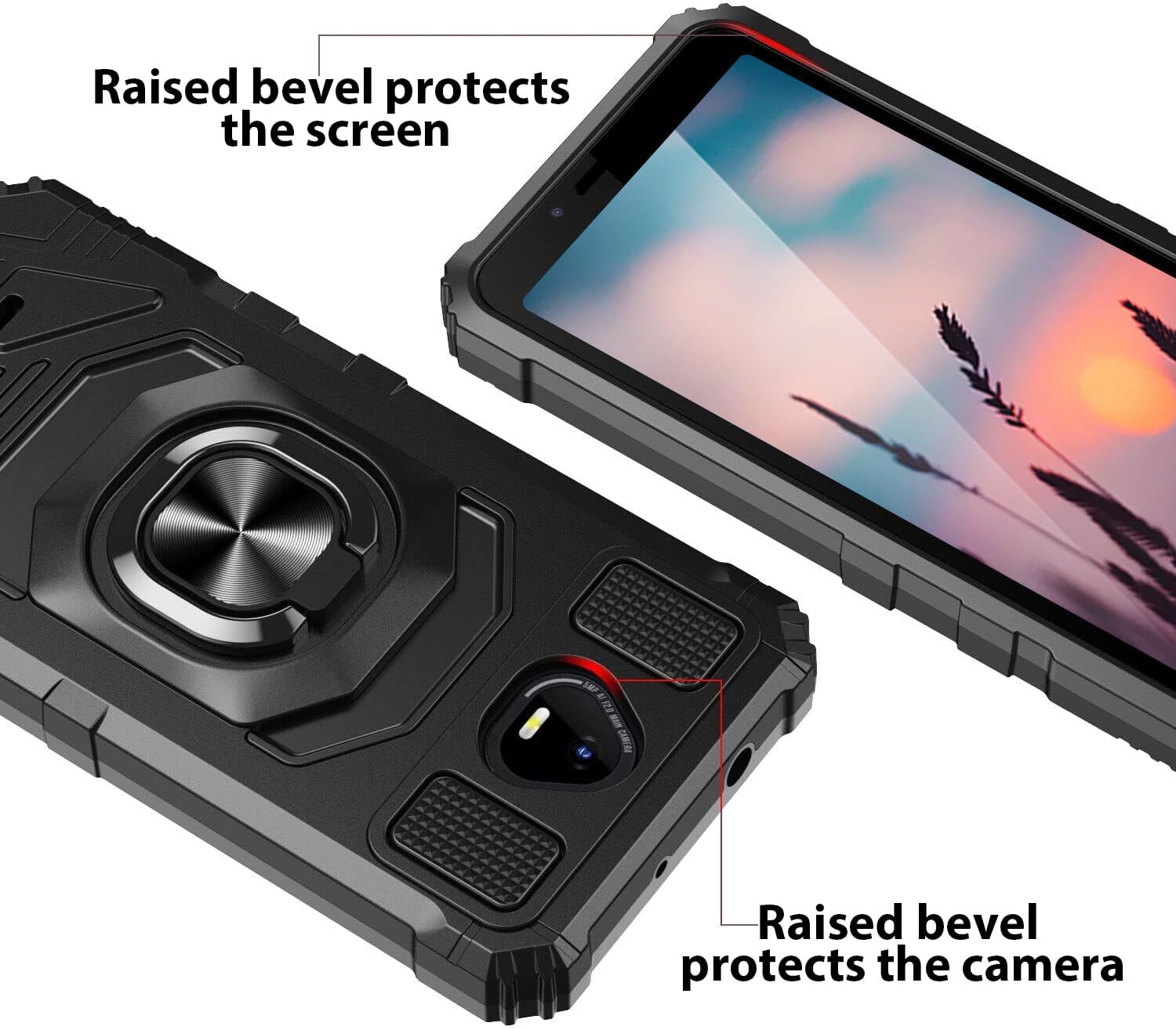 TJS Compatible for Schok Volt SV55 SV55216 Case, with Tempered Glass Screen Protector, Metal Ring Magnetic Support Kickstand Heavy Duty Drop Protection Cover Phone Case (Black) image 5 of 8 B0CL4GP8X1