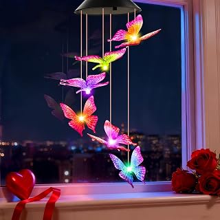 Winzwon Solar Butterfly Wind Chimes - Outdoor Hanging Lights for Garden Patio, Valentine's Mother's Day Gifts for Mom Grandma Women