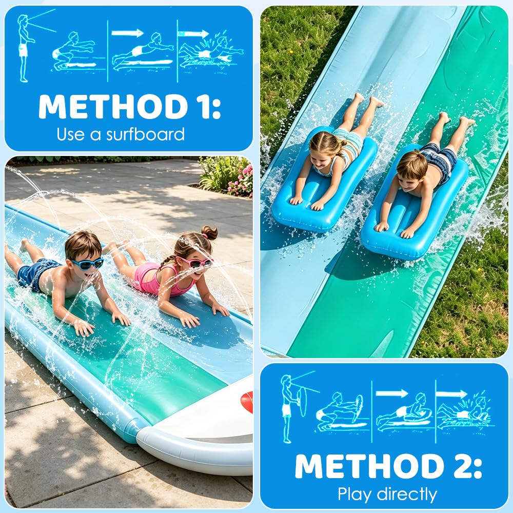 Wasserrutsche Garten Für Kinder, 6,1 * 1,4M Doppel Wasserrutschmatte | Wasserspielzeug Outdoor mit 2 Surfboard, Rasen Wasserrutsche Rutschmatte mit Sprinkler, Wasserbahn Duell für Garten Rasen