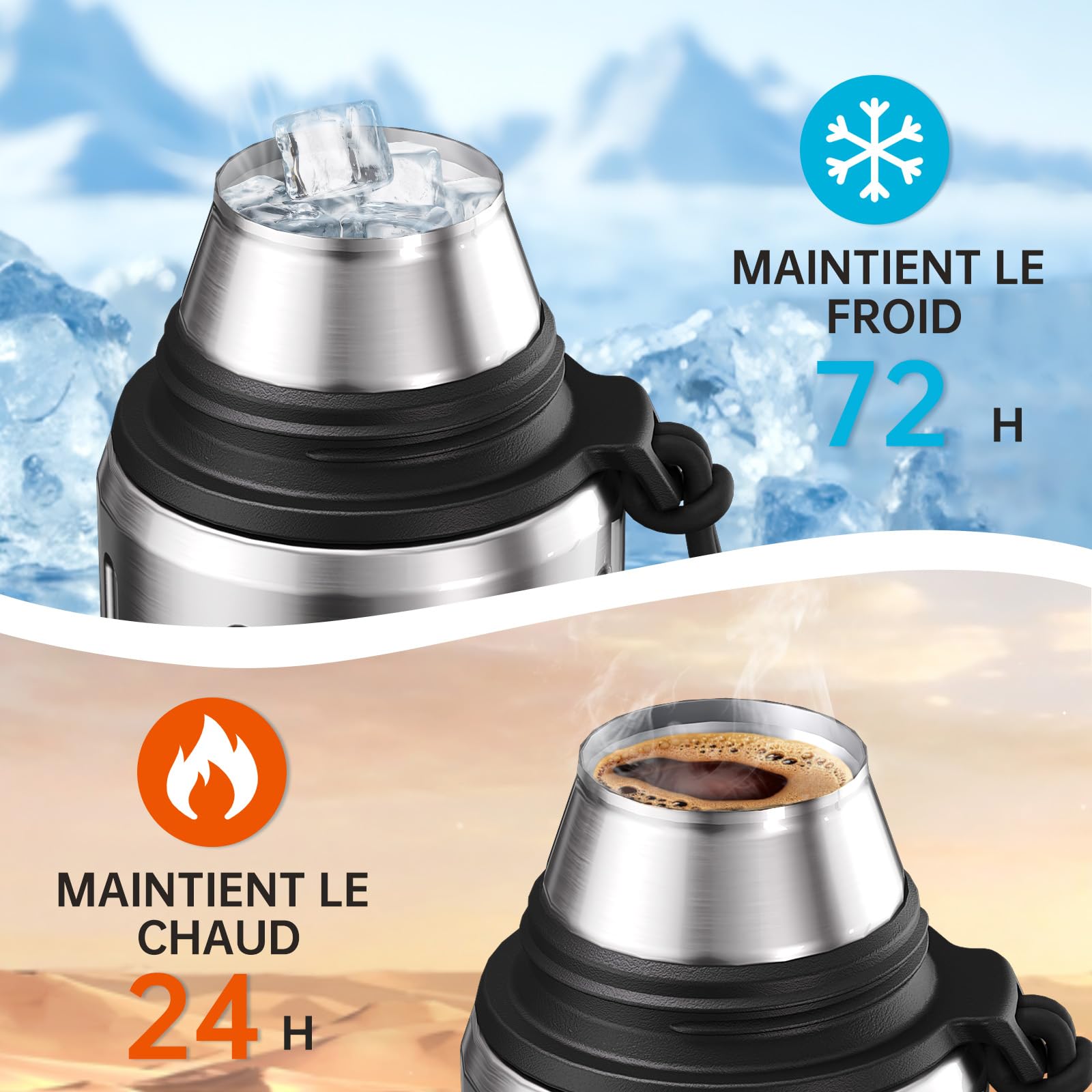 1L Thermo Café Isotherme avec Tasse(72h Froides et 24h Chaudes) Termosse Cafe Chaud avec Fond Amovible et Thé Filtre sans BPA Pour les Déplacements, le Bureau et l'école(Argent)