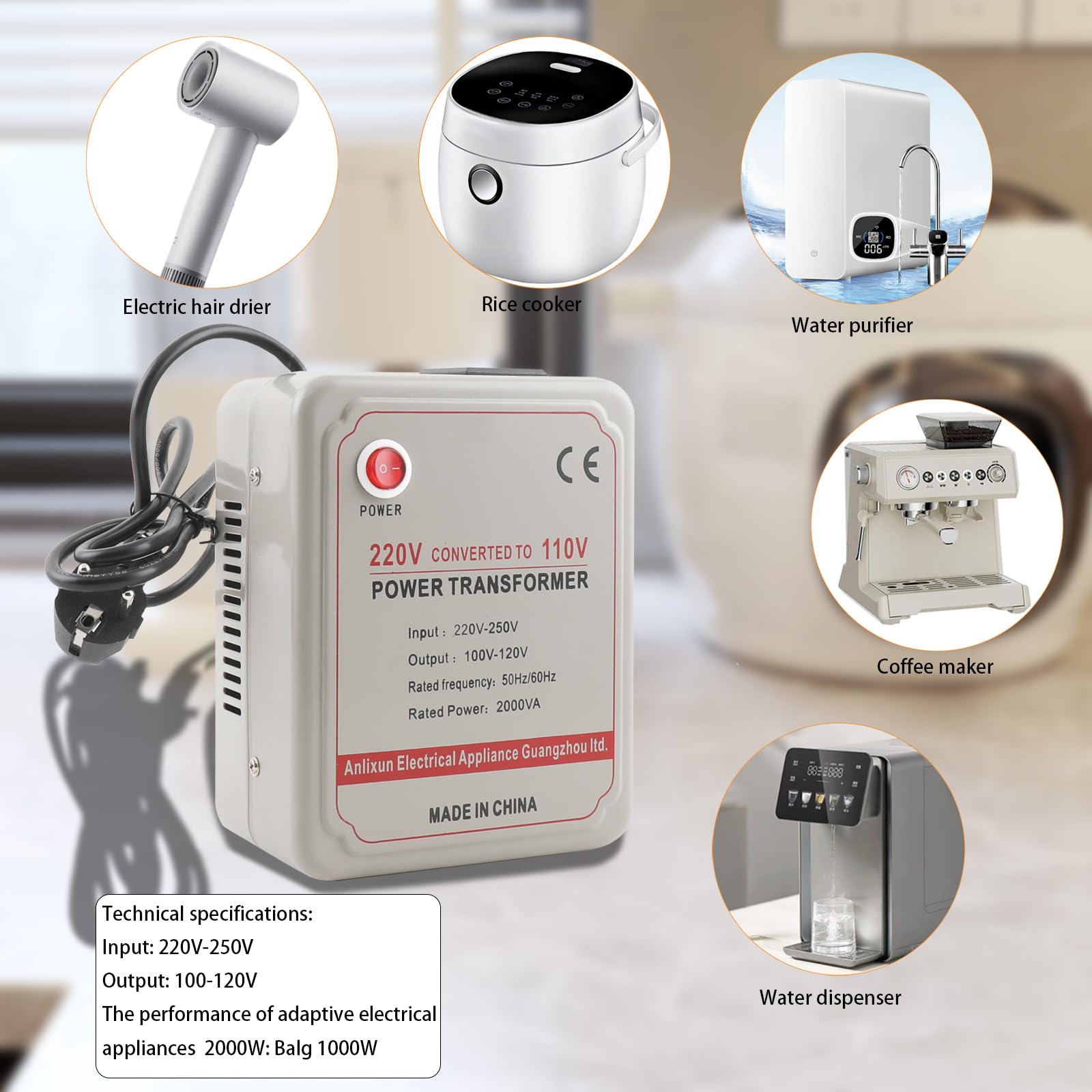 Trasformatore Step-down 2000VA 220V-250V a 100V-120V, Convertitore di Tensione Compatto con Protezioni Multiple per Viaggio e Dispositivi Elettronici