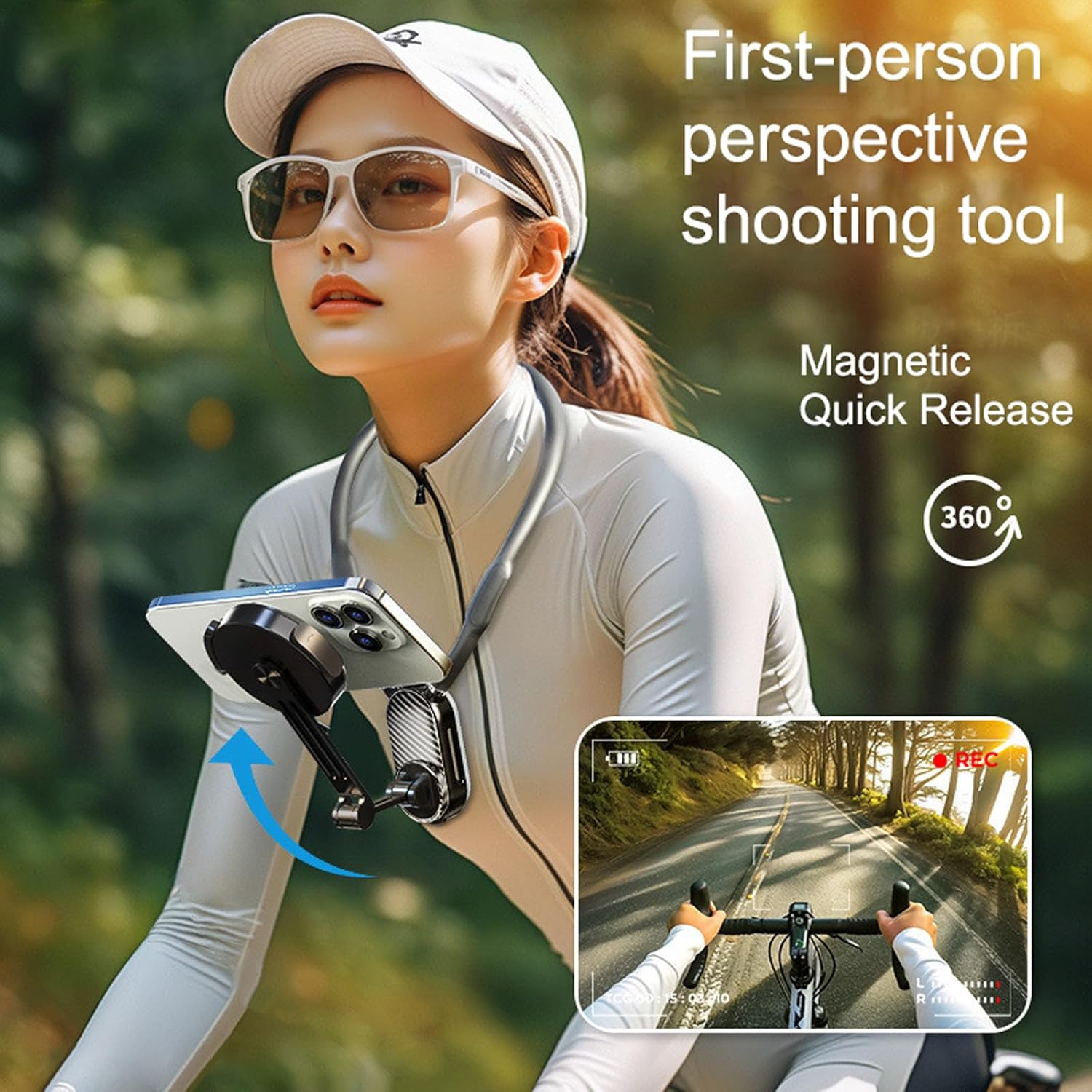 Magnetic Neck Phone Holder for Recording, POV Neck Cell Phone Holder Flexible Hands Free Chest Strap Video Recording Walking Running Motorcycle Bicycle Bike
