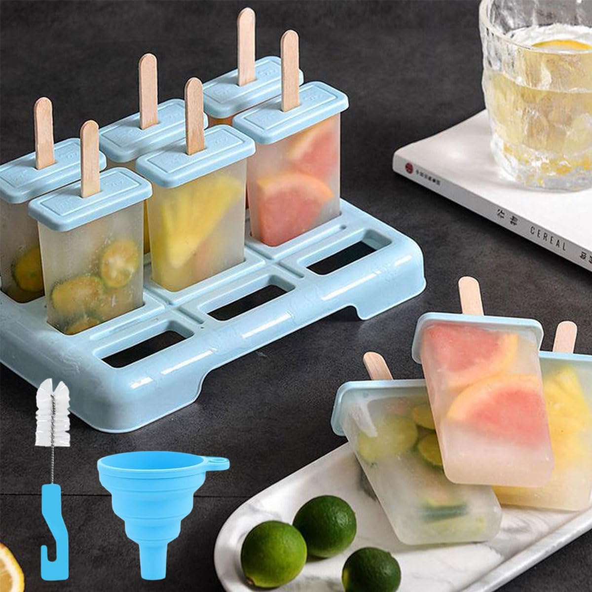 9 Cavidades Moldes Para Helados Con Palo, Moldes Helados, DIY Molde Helado, con Cepillo De Limpieza Y Un Embudo (Azul)
