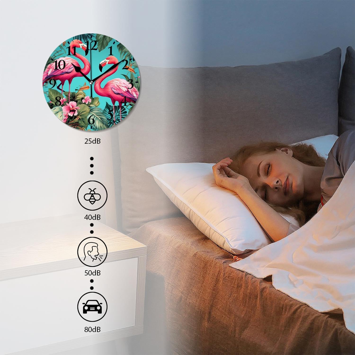 Non-Ticking Sweep Movement Wall Clock Battery Operated Analog Wall Clocks Decorative for Bedroom,Office,Living Room-Vivid Flamingo with Flowers(14inch)