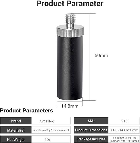 Miniatura 5 de SMALLRIG Micro varilla estándar de 0.591 in de largo de 1,5 pulgadas de largo con rosca macho hembra de 1/4 "para montaje de abrazadera - 915