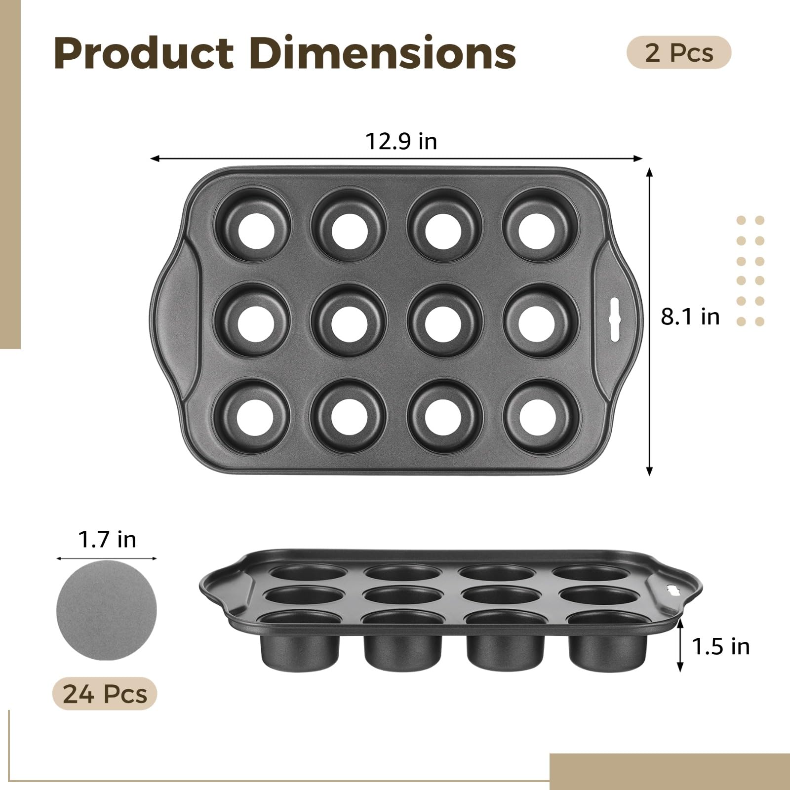 Lot de 2 mini moules à muffins, 12 cavités, en acier au carbone, plaque de cuisson pour cupcakes avec fonds amovibles, revêtement antiadhésif, pour mini cheesecakes, quiches et pain de maïs