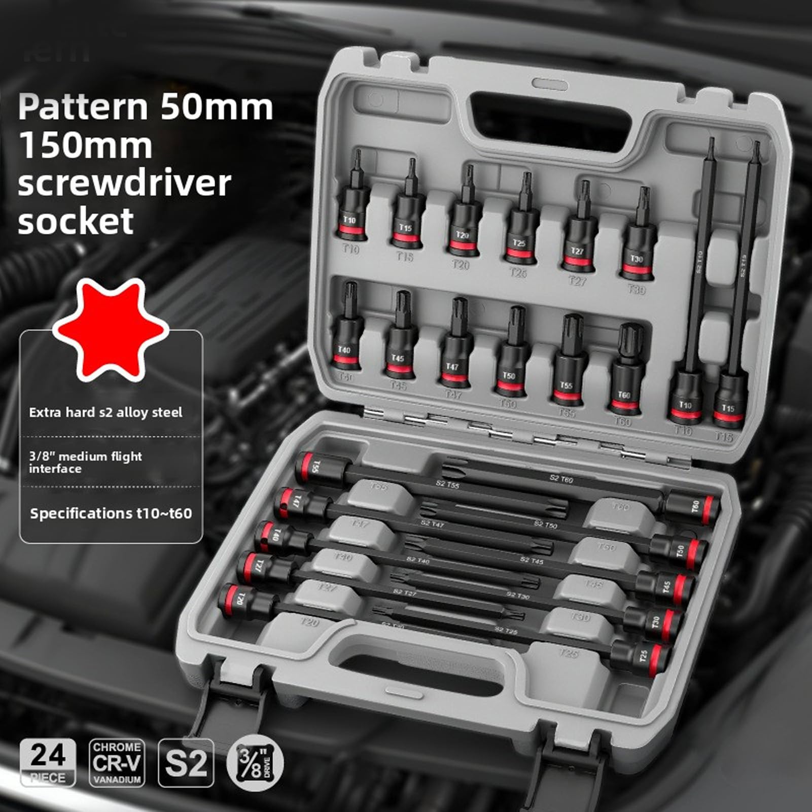 Bewinner Set di Bussole a Percussione da 3/8 Pollici, 24 Bussole a Stella in Acciaio Legato S2 T10-T60, 2 Pollici e 6, Extra Lunghe con Scatola Stampata a Soffiaggio, Set di Punte a Percussione in