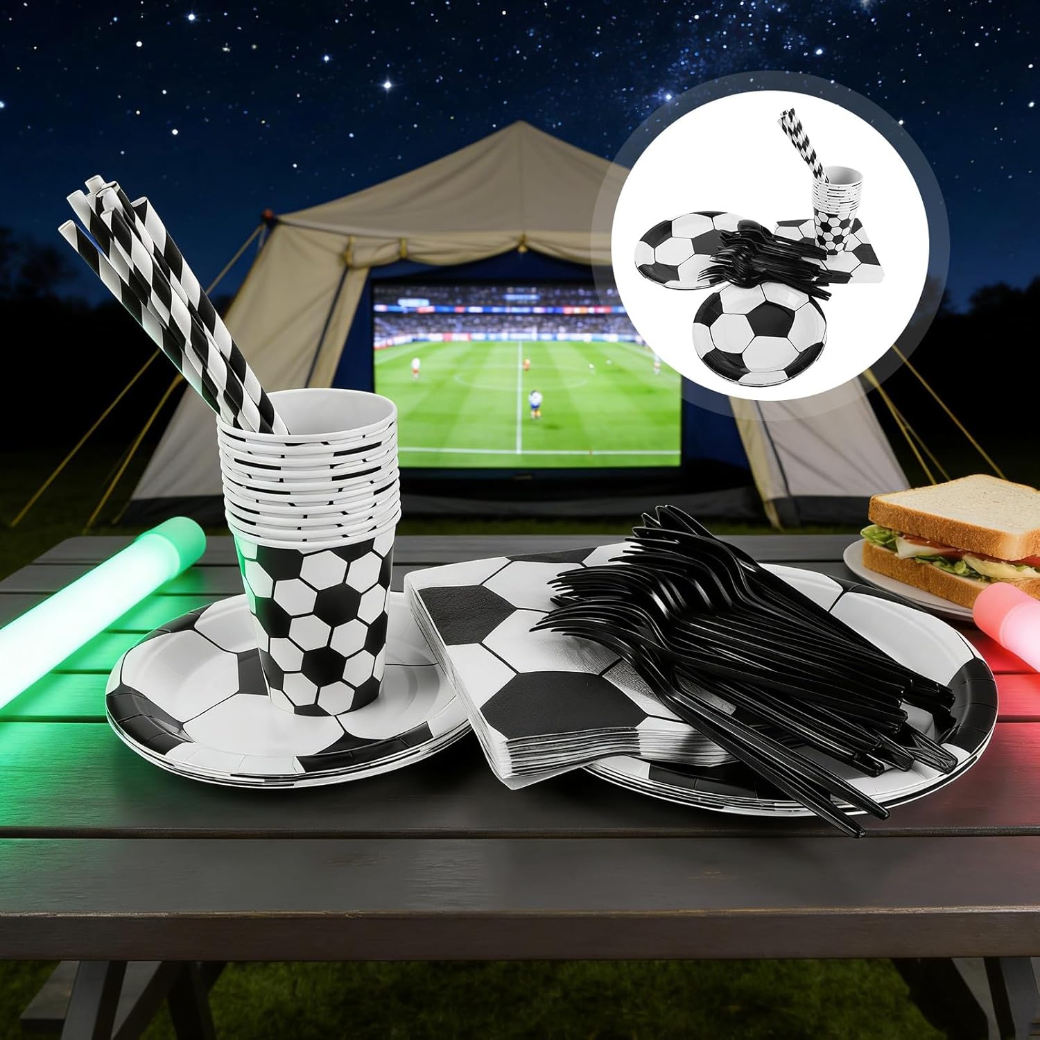 VILLCASE Soccer Birthday Party Decorations, 90pcs Serves 10 with Paper Plates, Cups, Napkins, Flatware Set for Game Day Tailgate, Soccer Party Supplies Kit