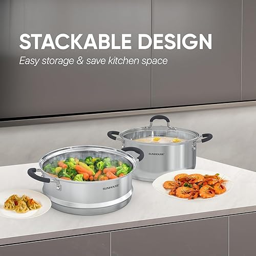 Miniatura 8 de SUNHOUSE - Ollas de vapor de 3.1 cuartos de galón con tapa, olla de cocina multiusos de acero inoxidable de 2 niveles con asa para verduras,