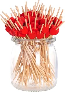 Hoyuwak Valentine's Day Heart Cocktail Picks – 200 Count Bamboo Food Skewers with Red Heart Decoration for Romantic Dinners, Date Nights, Appetizers, Charcuterie & Couples Celebrations