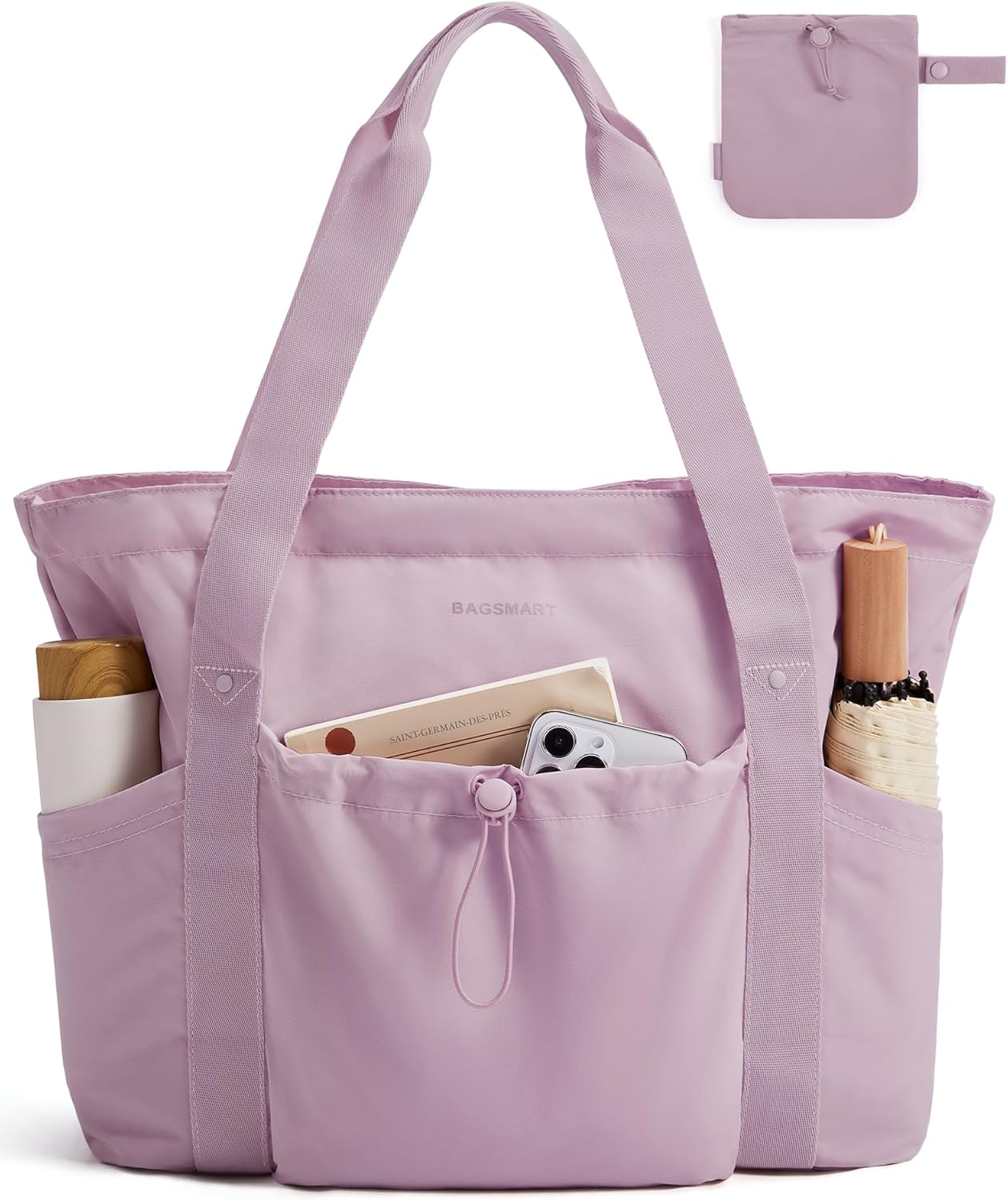 BAGSMART Foldable Tote Bag with Drawstring Bag, Large Tote Bag Shoulder Bag Top Handle Handbag for Travel, Work, Beach, Gym