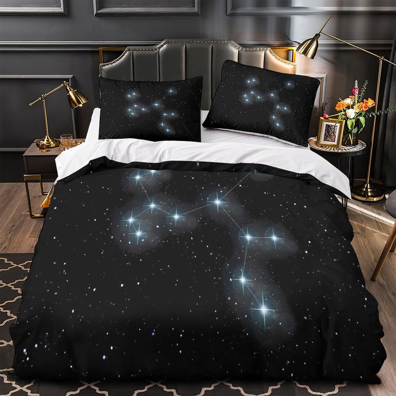 Wlasdbocp Xzbvqp5ne096 Starry Constellation 3D Pattern Comforter Cover 3Pcs Microfibre Fade-Resistant Soft Cosmic Night Sky Design Quilt Cover 2 Pillow Shams Zipper Closure Bed Linen Family & Guests Double（200X200cm）
