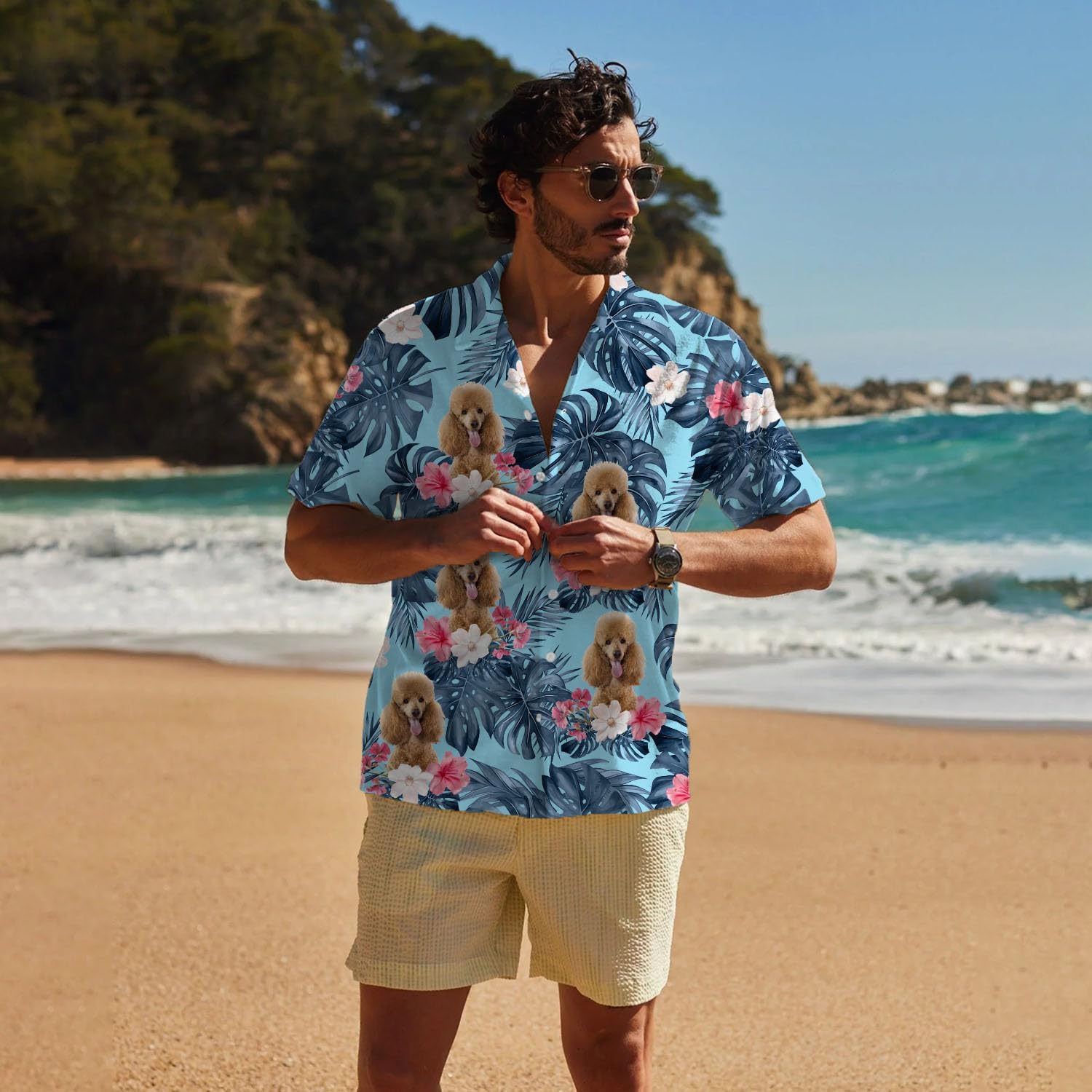 Poodle Hawaiian Shirts for Men,Button Down Beach Casual Shirtss