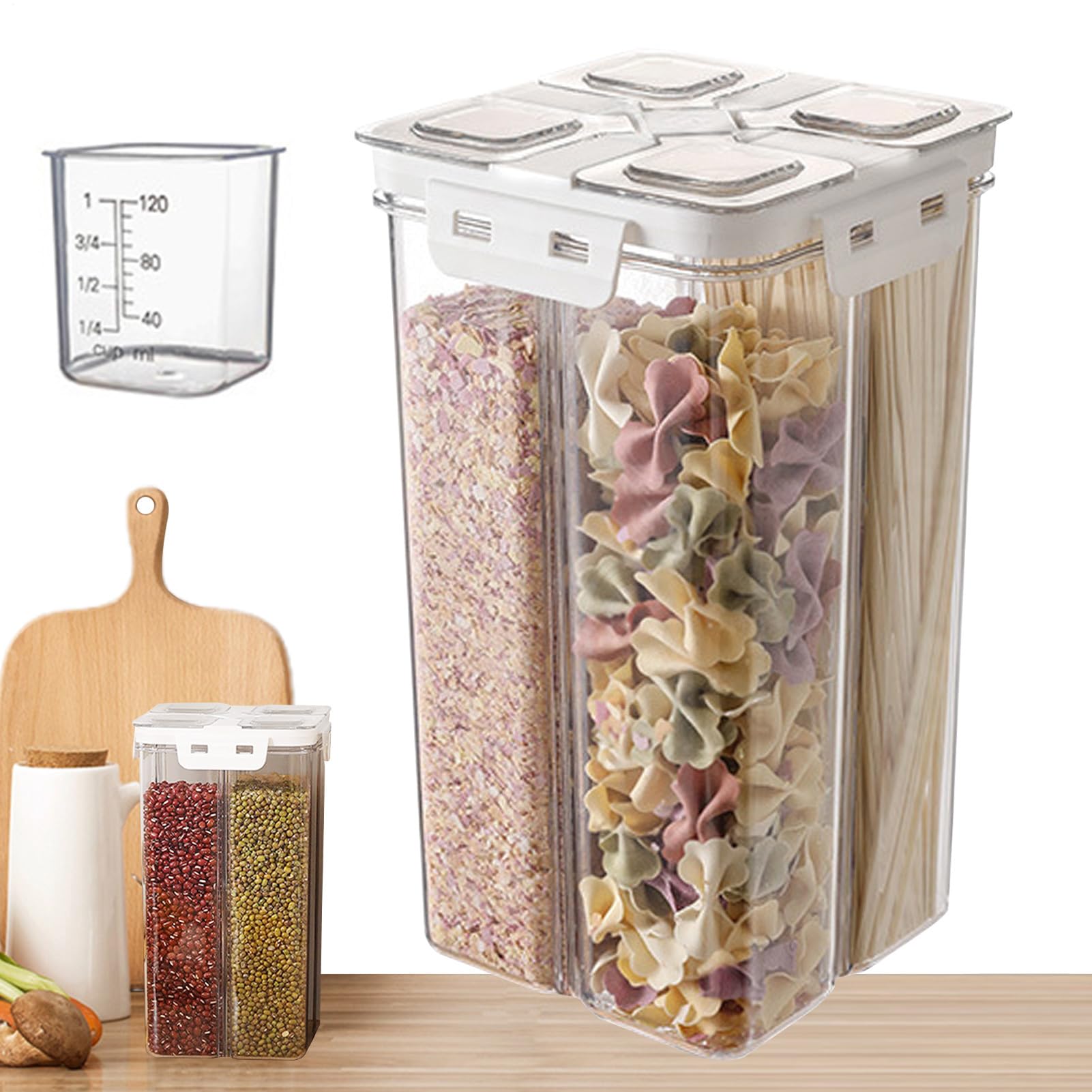 Cereal Dispenser - 4-Section Dry Food Storage, Breakfast Grain Organizer Bucket, Multi-Purpose Transparent Container, Convenient Dispensing System, Kitchen Pantry Accessory for Oats, Granola, Rice