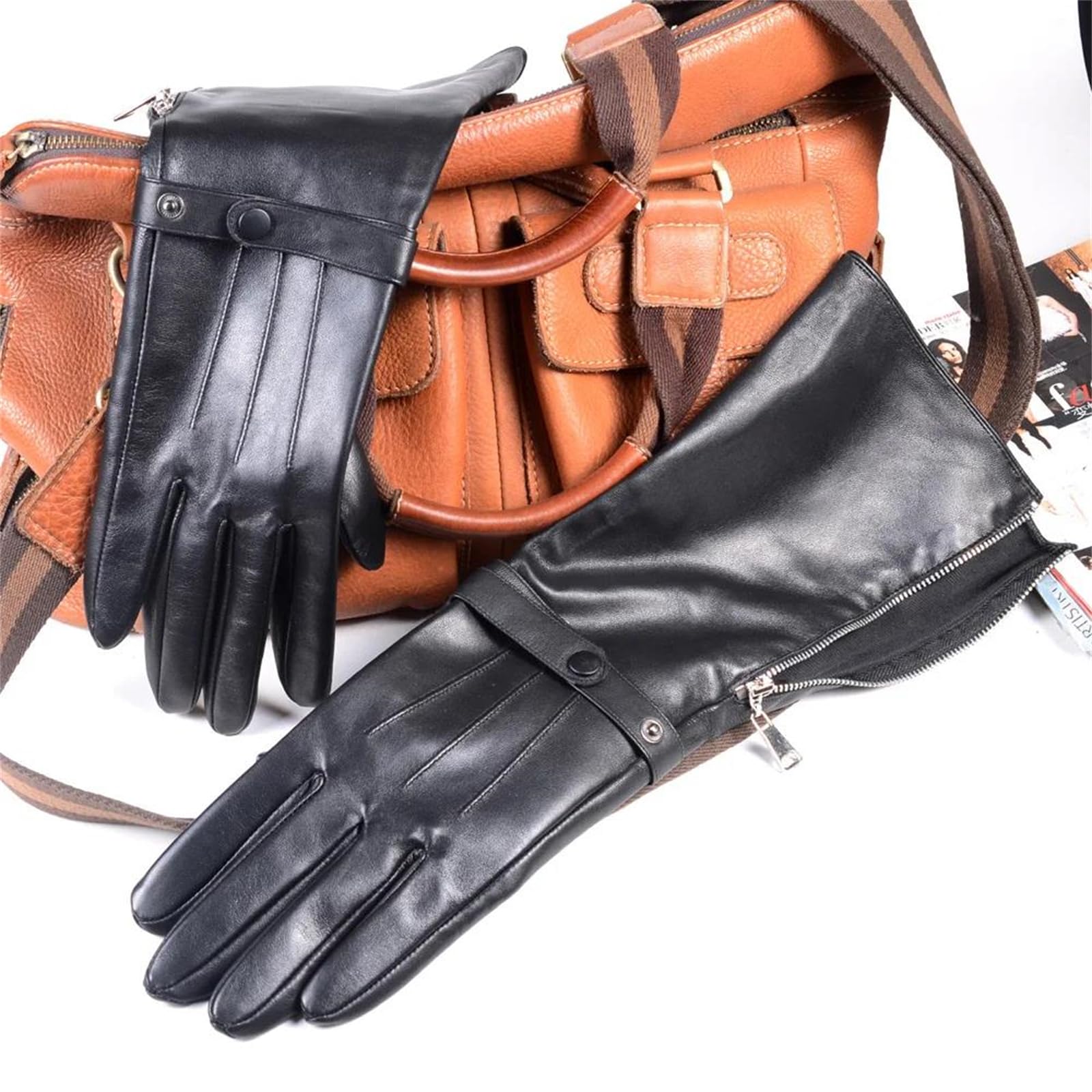 Guantes largos de piel de oveja auténtica negra para hombre, longitud al codo, con cremallera, guantes de caballero medieval para cosplay