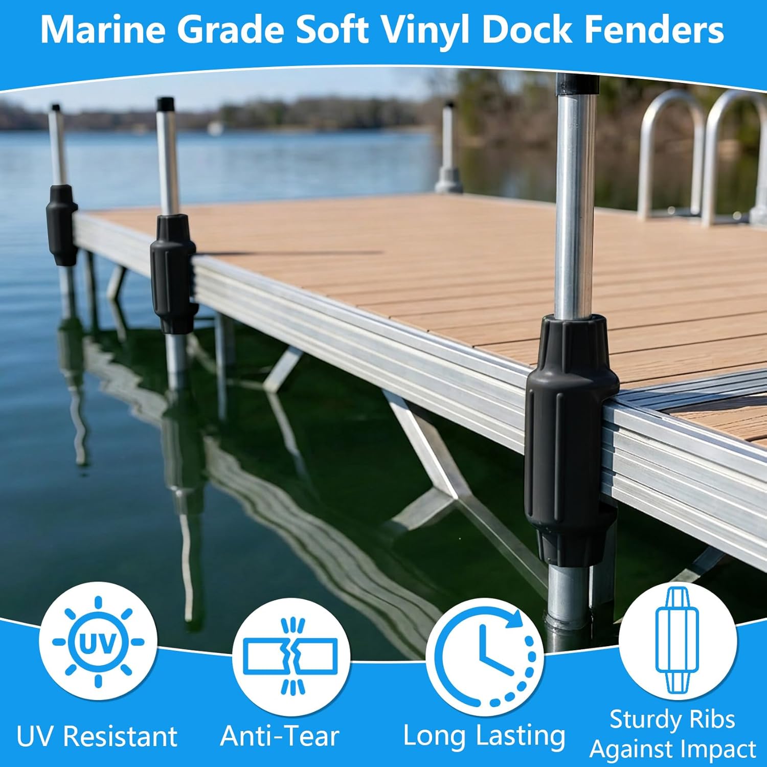 Dock Bumpers for Poles, Boat Dock Pole bumpers for Docking Dock Post Bumpers for Slide-Over Pole, Slip-On Dock Support Pipe, Vertical Protection Soft UV-Resistant Marine-Grade Vinyl 2 Pack Black