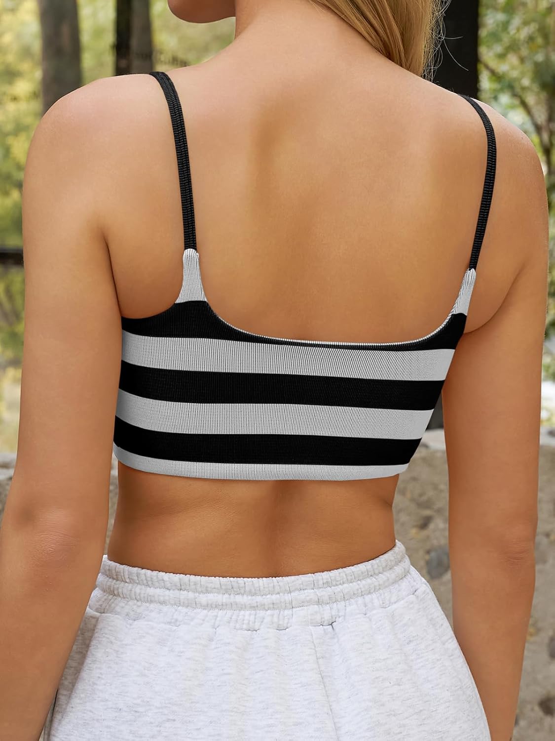 Aoysky Womens Striped Square Neck Sports Bras Spaghetti Straps Ribbed Padded Low Impact Yoga Workout Camisole - Image 3