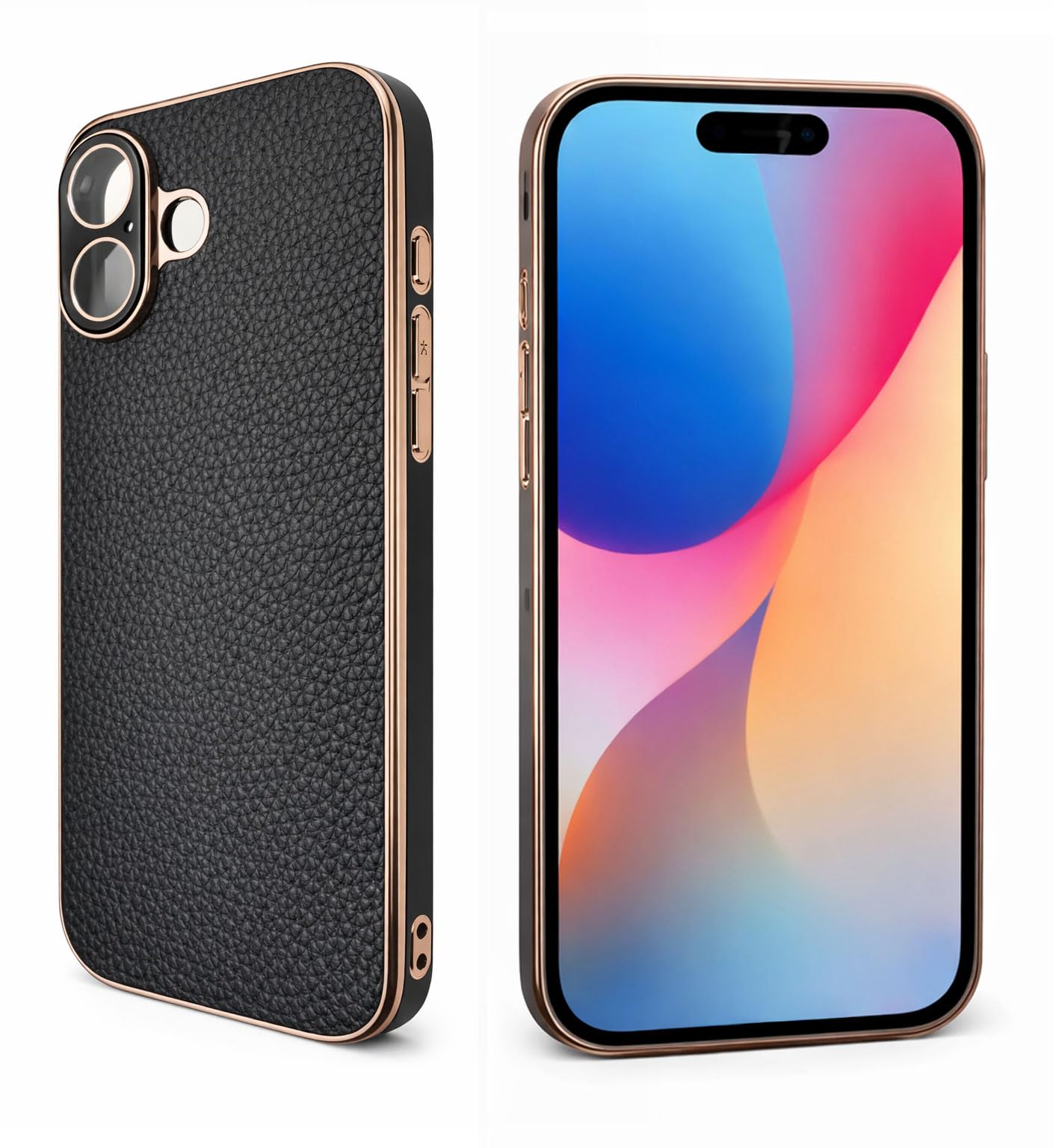 empire スマホケース 本革 レザー レンズ保護 カバー TPU PC ハイブリッド 耐衝撃 ブラック/ゴールド iPhone17