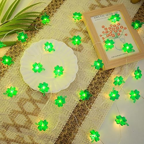 Miniatura 4 de Tira de luces verdes de 13 pies con 40 LED de trébol de cuatro hojas con control remoto, utilizada para decorar dormitorios, hogares, jardines,