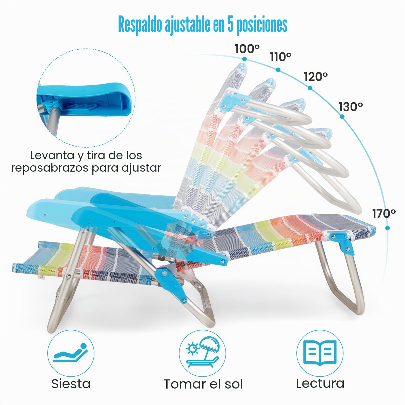 KOMFOTTEU Juego de 2 Sillas de Playa Plegable, Silla de Camping con Ajustable en 5 Posiciones, Tumbona Reclinable con Correa de Transporte, Carga de 150 kg, para Jardín, Pesca (Pequeño)