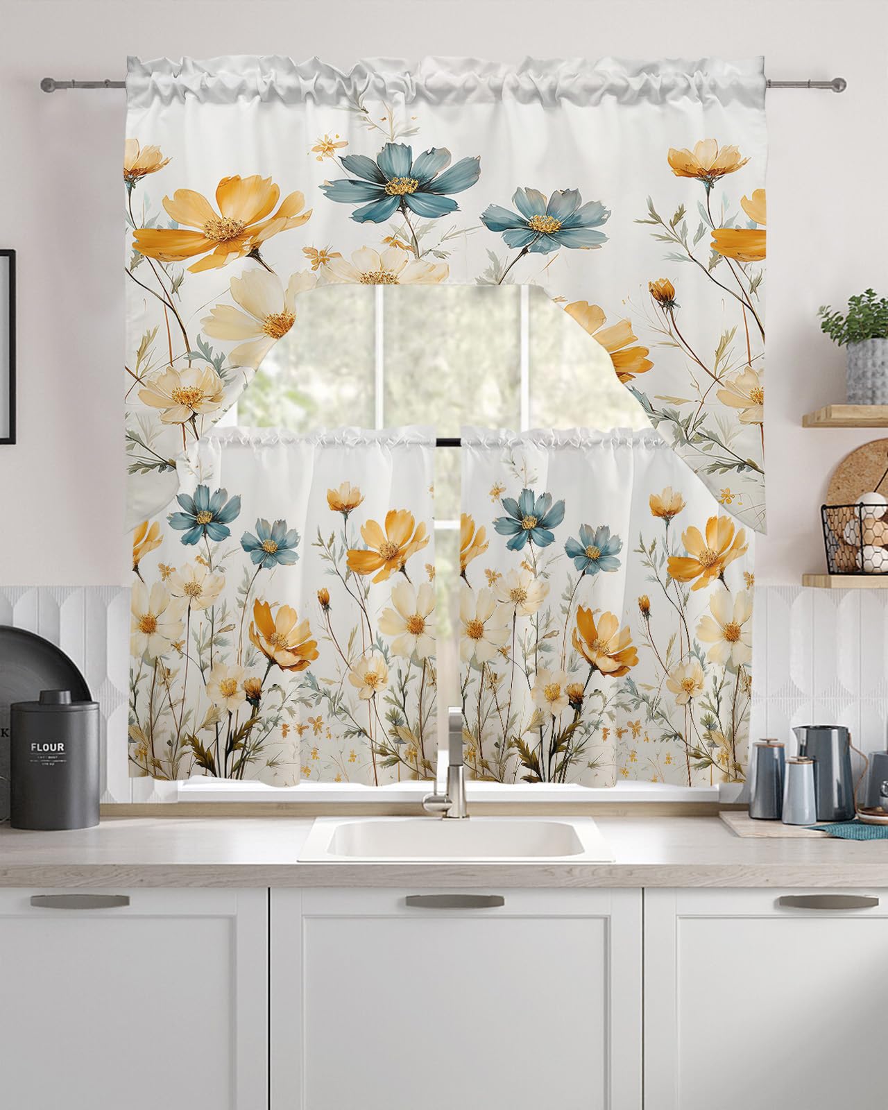 Floral Watercolor Swag Kitchen Curtain Sets with Valance,3 Pieces Rod Pocket Curtain Drapes for Bedroom Living Room Bathroom Cafe,Retro Wildflower Botanical Leaves Herb 56''x36''&24''x27.5''x2Panels