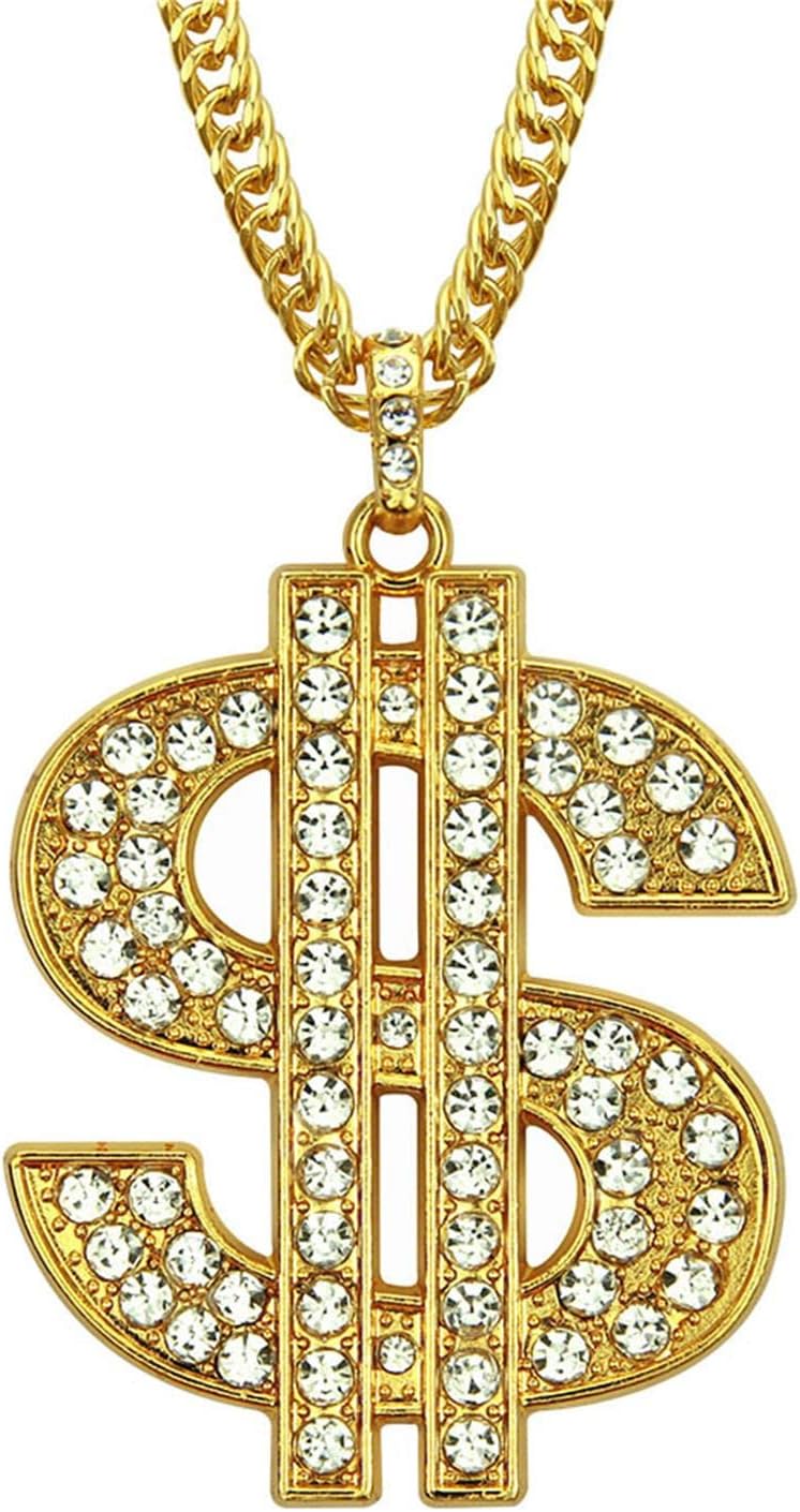 Dollar Sign Necklace Hip Hop Money Dollar Iced Out Rhinestone Gold Chain Necklace for Women Men Bar Party Jewelry