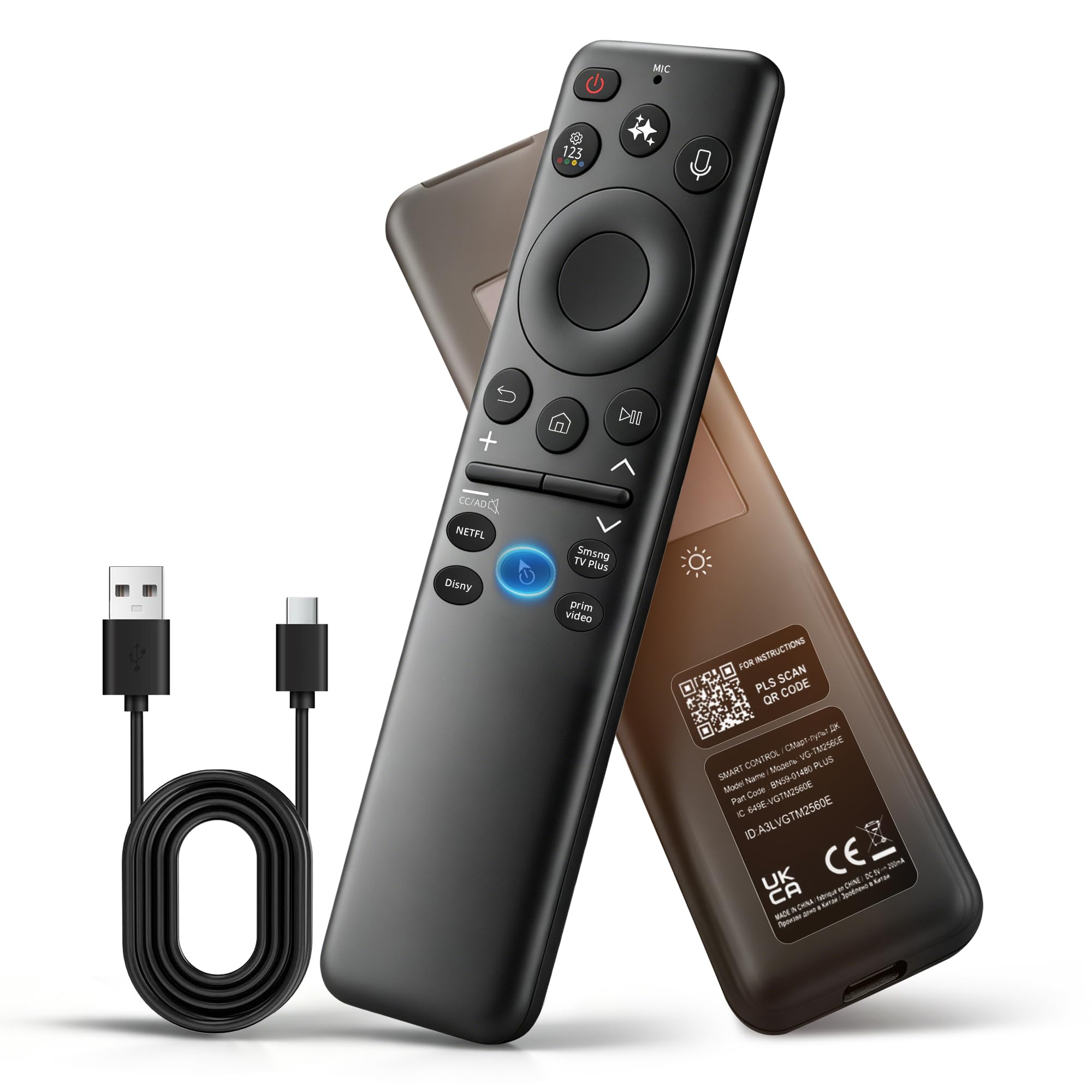 Télécommande solaire de rechange pour Smart TV Samsung, contrôle vocal et IA intelligent avec fonction pointeur, 4 boutons de raccourci, rechargeable USB-C, fonctionne avec les téléviseurs Neo QLED
