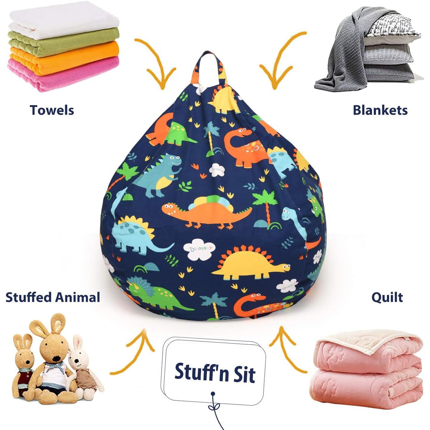 Puf de Peluche, Bolsa Almacenamiento Juguetes Felpa, Bolsa Frijoles Lona, Puff Almacenamiento Animales Peluche, Cómodo Suave Ahorra Espacio, para Que Los Lean (22in, Dinosaurio de dibujos animados)