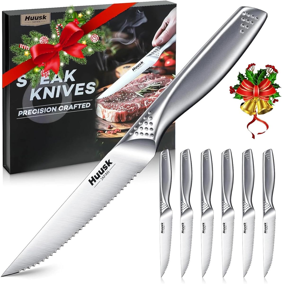 Huusk Serrated Steak Knives Set - 4.5" Japanese Stainless Steel Steak Knives Set of 6, Sharp Dishwasher Safe Dinner Knife for Kitchen Table with Gift Box, Christmas Gifts for Men Women