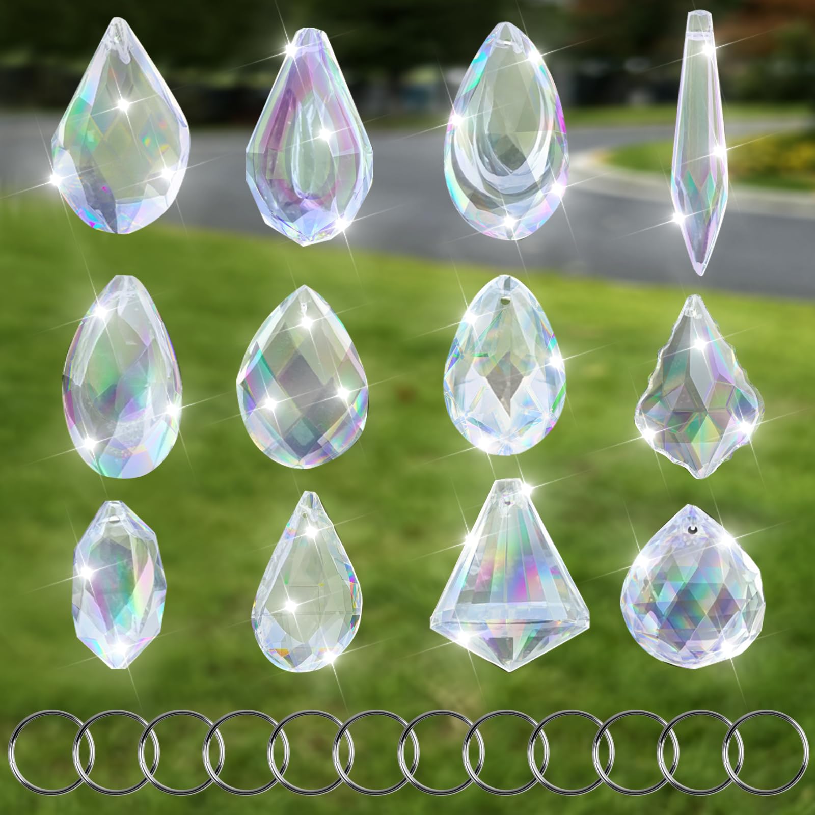 12 Stück Sonnenfänger Kristall, Kristalle zum Aufhängen, Suncatcher Lichtfänger mit 12 Stück Metallring, Prisma Kristall Anhänger für Kronleuchter, Fenster, Garten, Zuhause Deko