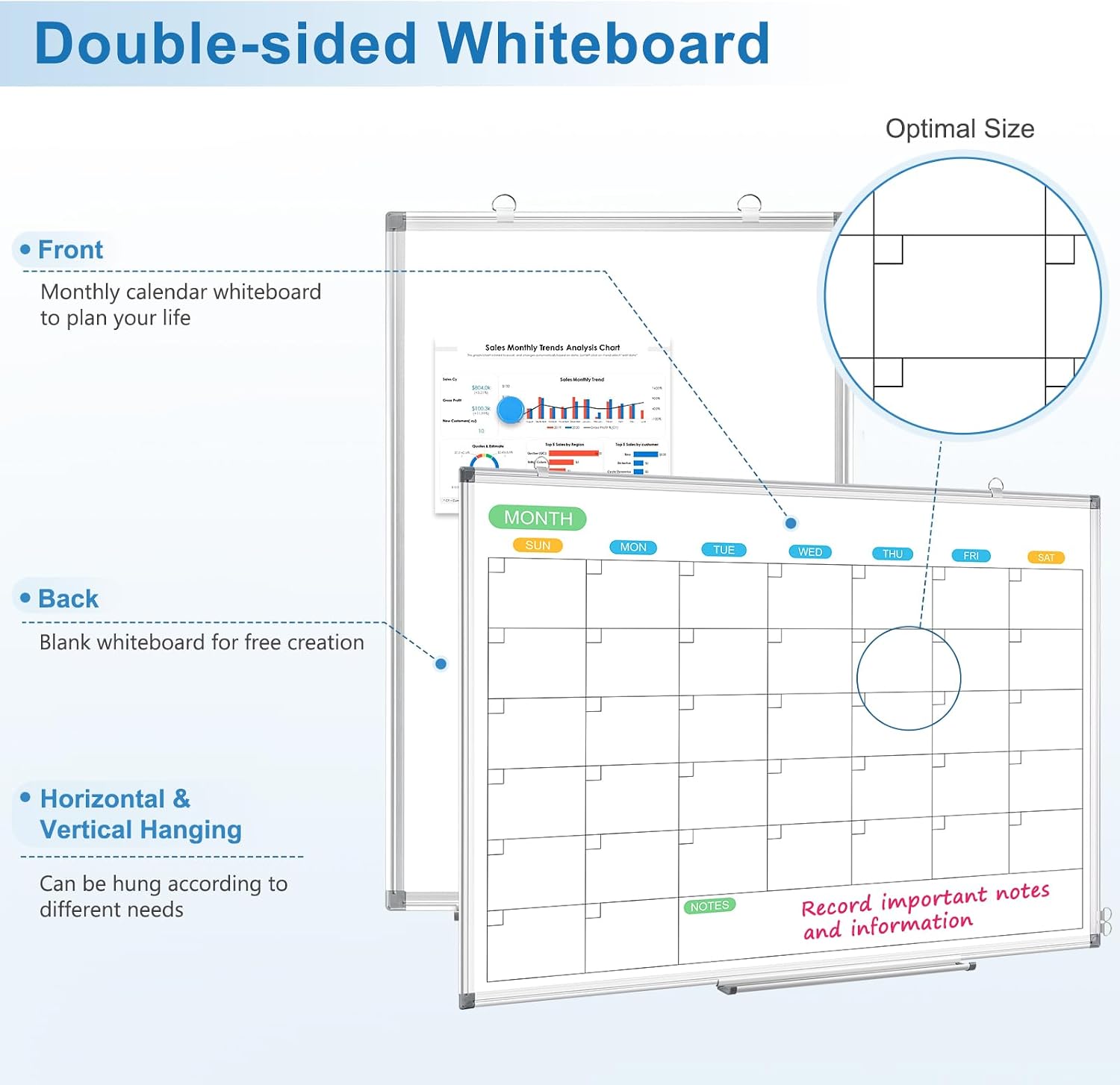 Dry Erase Board Calendar for Wall, 36" x 24" Magnetic Whiteboard Calendar, Monthly Calendar Whiteboard for Wall, Double-Sided Hanging Aluminum Frame White Board for Home, School, Office