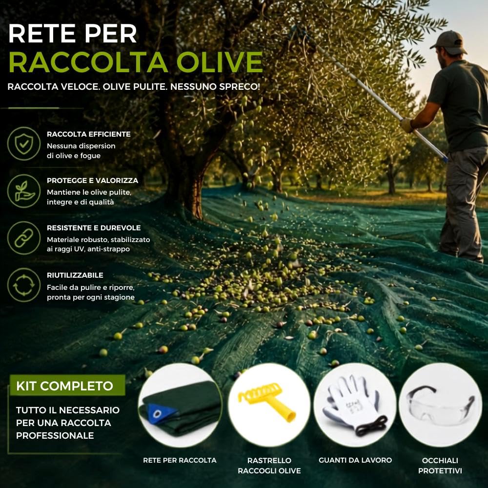 Rete Telo Raccolta Olive PINTO FERRAMENTA Telone Pesante 90 gr/mq con Occhielli e Bordi Rinforzati in Omaggio Occhiali Guanti e Rastrello per Raccolta Noci Mandorle Frutta Secca con apertura (8x8)