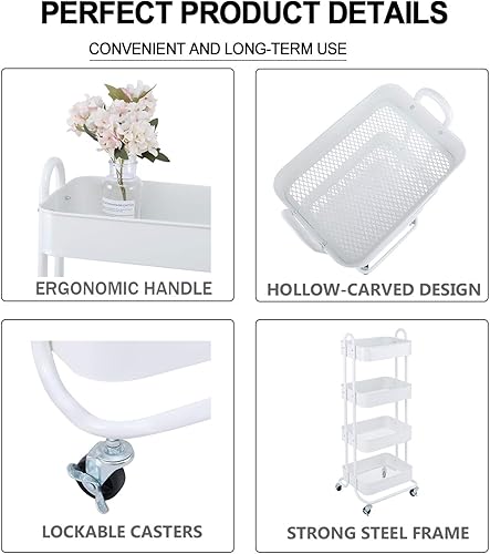 Miniatura 5 de Melody House Estante organizador de almacenamiento de 4 niveles de malla metálica con ruedas bloqueables para sala de estar, cocina, oficina, color