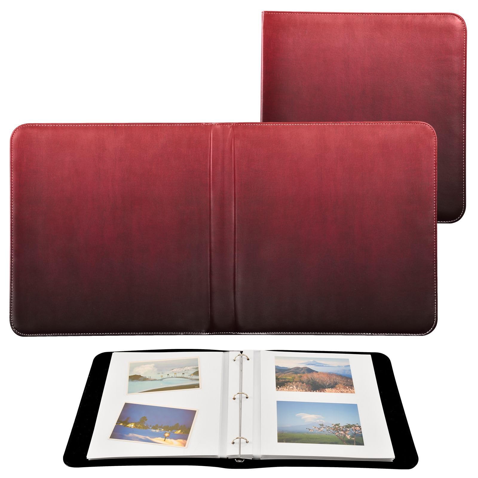 Kigai Solid Dark Red Photo Album Self Adhesive Scrapbook Album Leather Cover DIY Picture Scrap Book with 20 Adhesive Sheets, 11.8x24x0.8 inch