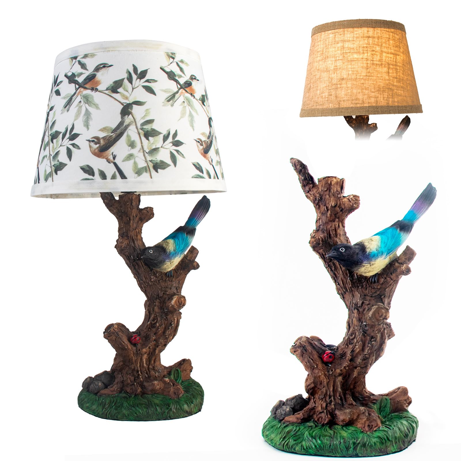 FIRVRE Lampada da Tavolo in Stile Rustico, Lámpara Mesita Noche Vintage con Base in Resina e Paralume in Lino, Lampada da Salotto Personalizzata Ispirata alla Natura, con Elementi di Design Aviarie