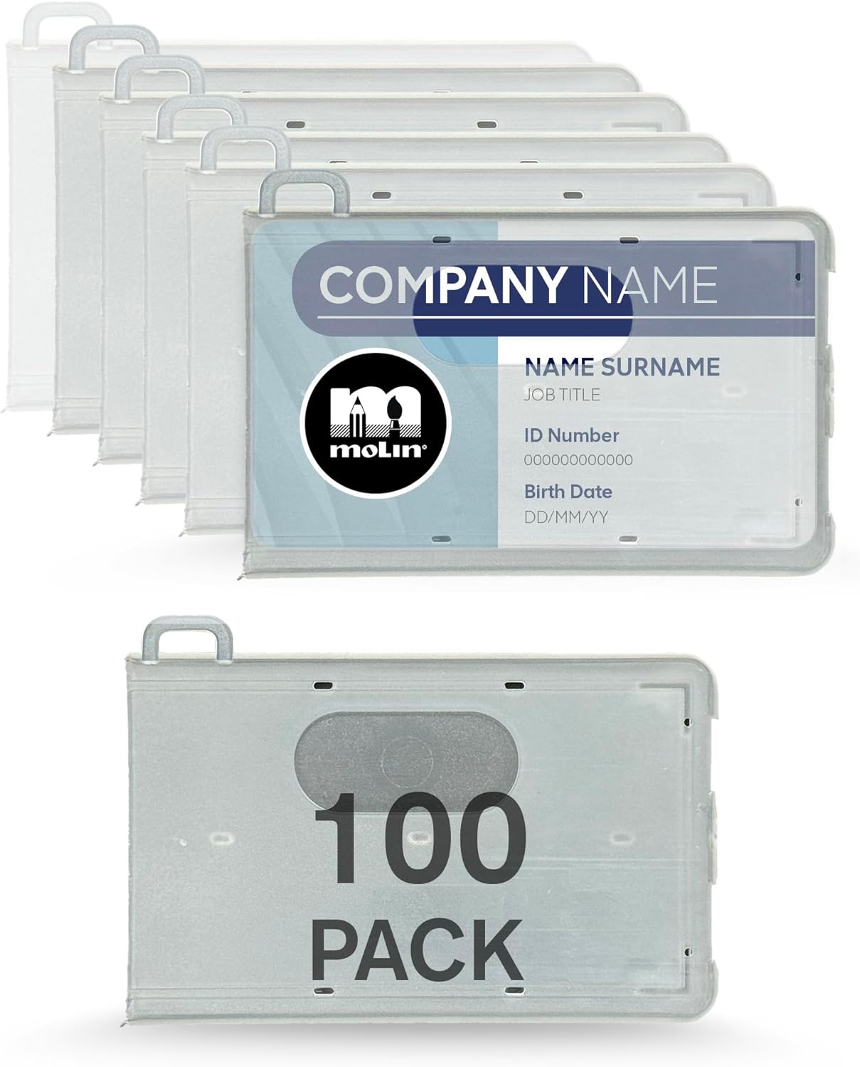 100 Pack - Molin Closed Face ID Badge Holder | Closed Face ID Card Holder for Lanyard, Name Badge, Keycard, Access Card | Durable Clear ID Sleeve for Work, Office, Events & Identification Supplies
