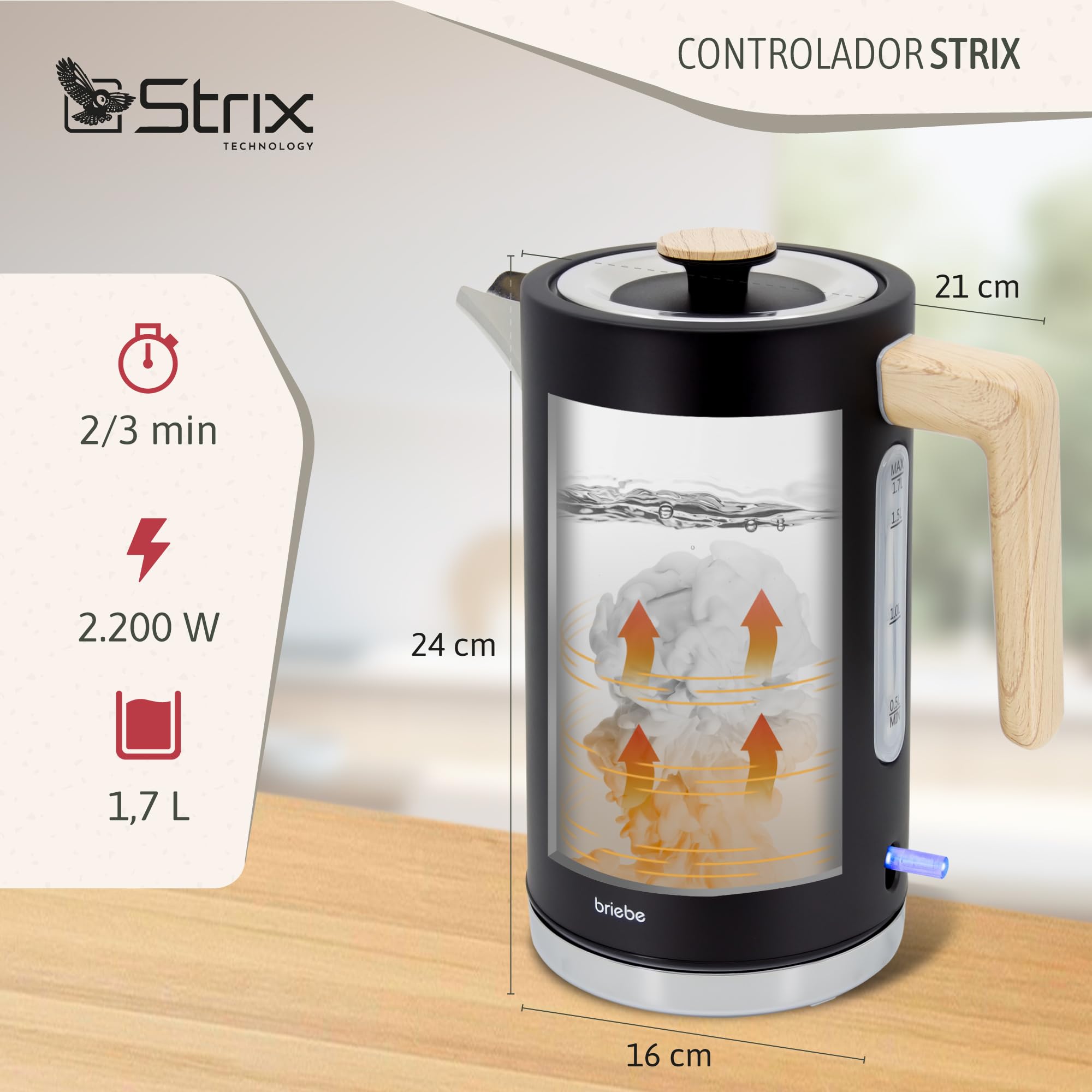 briebe Nordic Set Tostadora Pan Ranura Ancha 2 Rebanadas, 6 Niveles Tostado + Hervidor Agua Eléctrico 1,7L Inalámbrico, 2200W Ebullición Rápida, Libre BPA, Pack Desayuno Diseño Nórdico, Negro