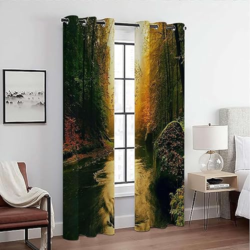 MizuH Apartamento Cortinas opacas para sala de estar, aislamiento térmico, ojales, cortinas de río brumoso, otoño, vista al bosque, 2 paneles de 39