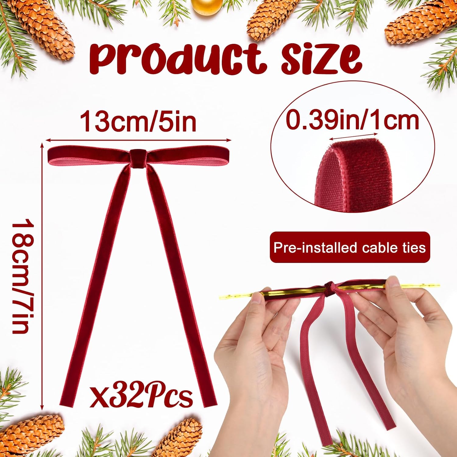NEBURORA 32 Pcs Velvet Bow Christmas Ornaments 5x7 Inch Vintage Dark Red Velvet Ribbon Bows for Christmas Tree Wreath Indoor Holiday Home Gift Box Decoration - Image 2