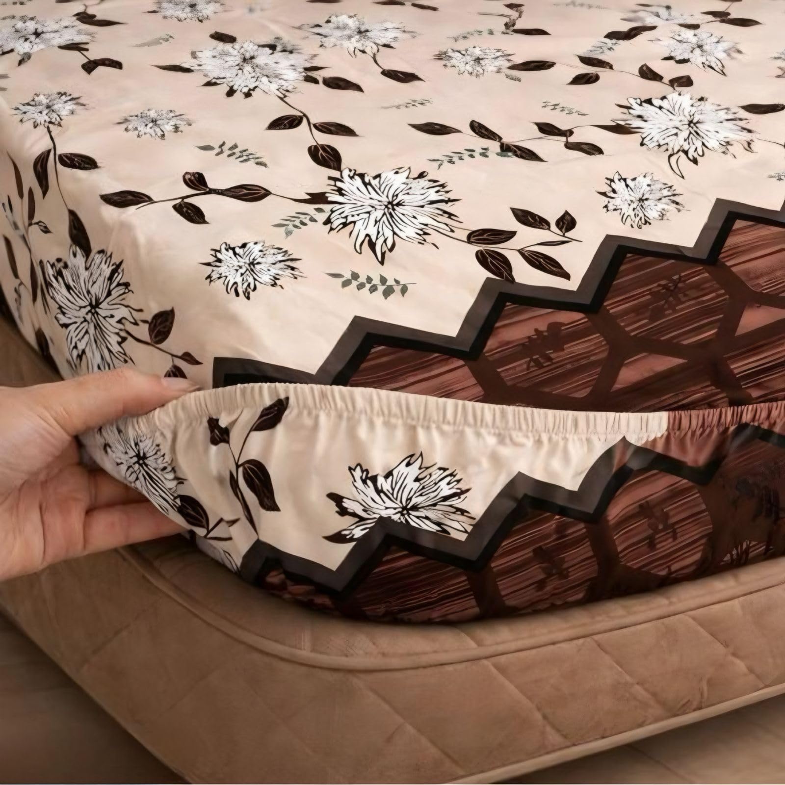 Rajat Presents Premium Cotton Elastic Fitted Geometric Bedsheets with 2 King Size Pillow Covers | Double Bed with All Around Elastic 180 TC Supersoft | (72"X78", 180-200 TC A285-image-38